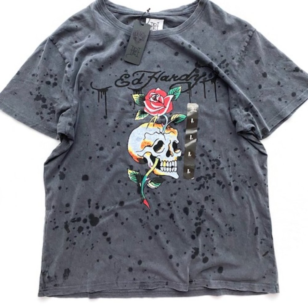 Ed Hardy Grey Splatter Skull Rose Print Tee